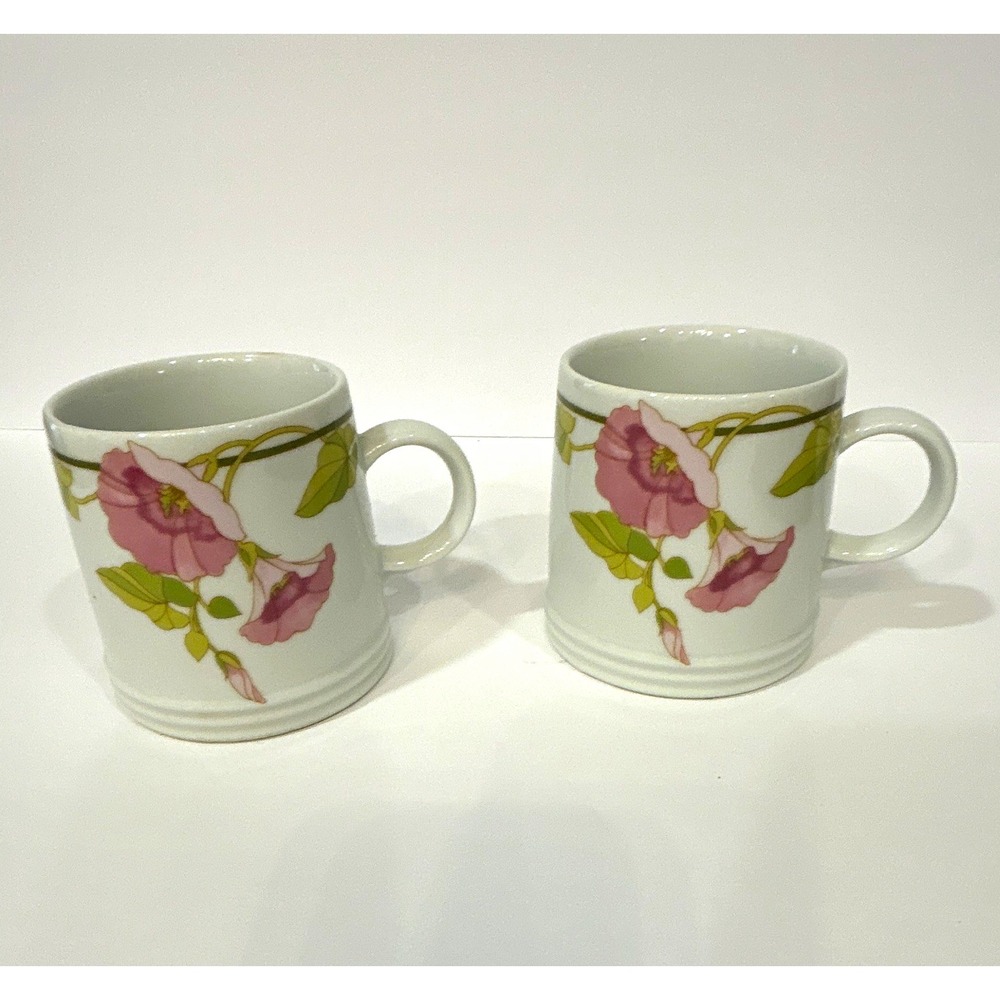 Tuscany Collection Floral Decorated Ceramic Mugs Set of 2, 7 oz White Pink